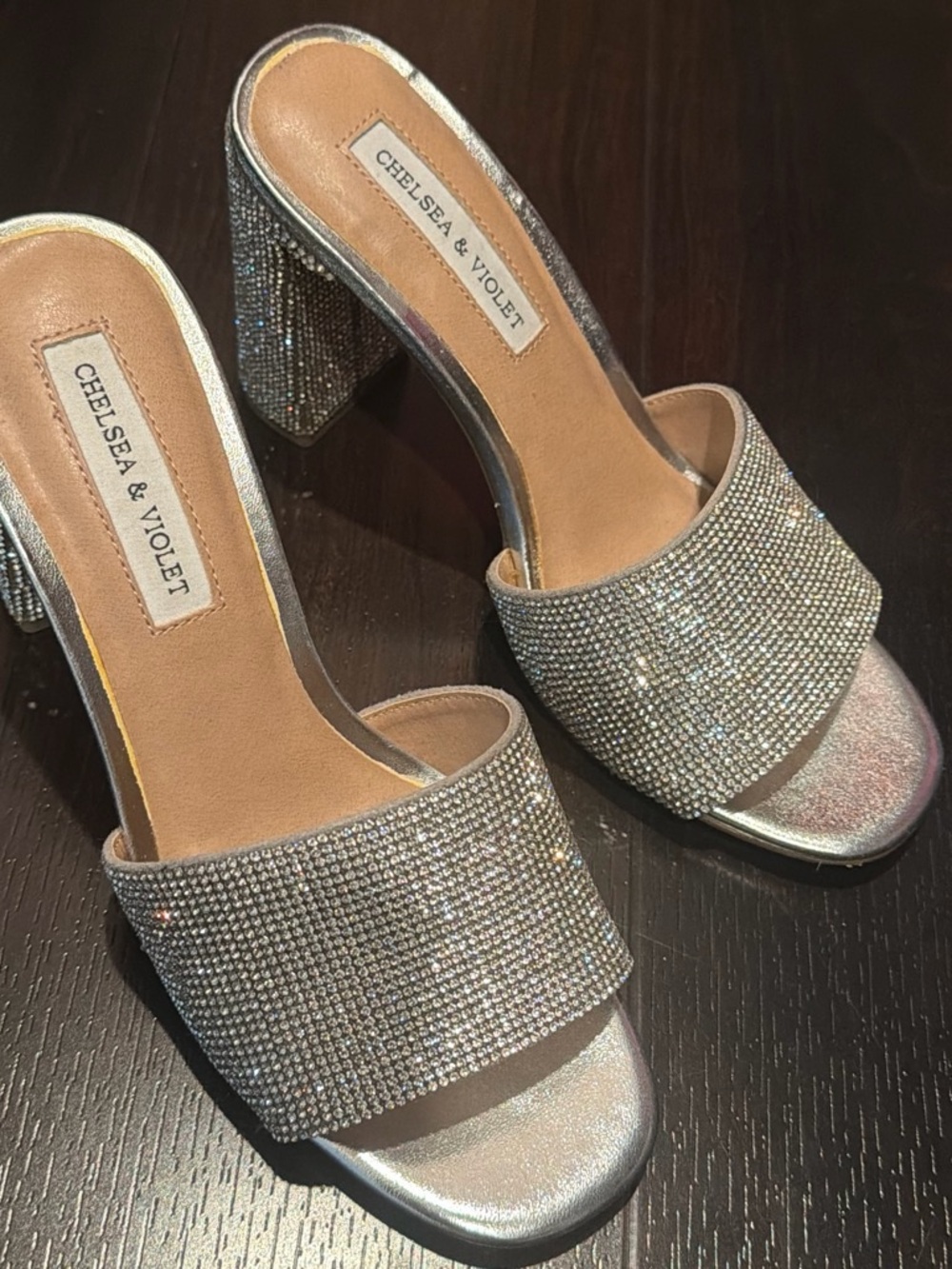 Chelsea & Violet Rhinestone Silver Block Heel Slide Sandals